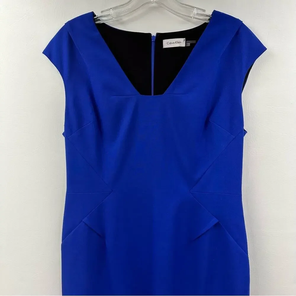 Calvin Klein Sheath Dress V‎ Neck Back Zip Cap Sleeve Blue Career Size 10